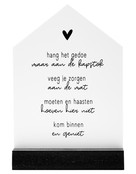 Huisje met gedicht 'Kom binnen en geniet'