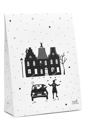 Sinterklaas cadeauzakje wit met zwart patroon grachtenpanden en pieten