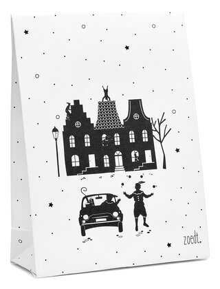 Sinterklaas cadeauzakje wit met zwart patroon grachtenpanden en pieten