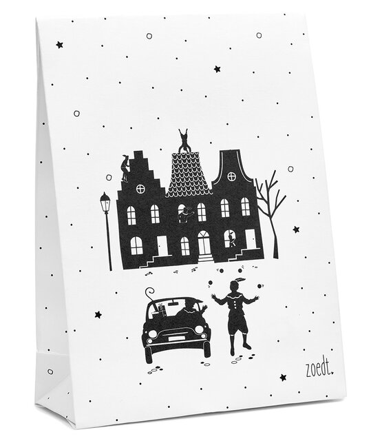 Sinterklaas cadeauzakje wit met zwart patroon en grachtenpanden en pieten- met bodem