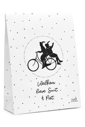 Sinterklaas cadeauzakje wit met zwart patroon tekst 'Welkom lieve Sint en piet'