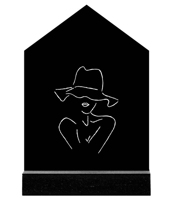 Huisje  zwart met witte lijntekening vrouw met hoed - 11cm