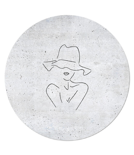 Muurcirkel betonlook met lijntekening vrouw met hoed Muurcirkel betonlook met lijntekening vrouw met hoed