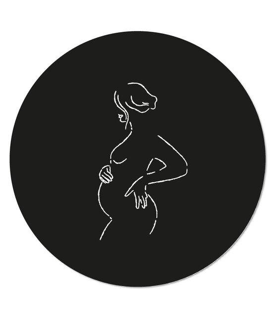Muurcirkel zwart met lijntekening zwangere  vrouw Muurcirkel zwart met lijntekening zwangere  vrouw