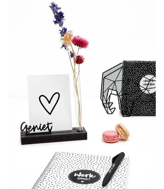 Kaarthouder met vaasje en tekst Geniet