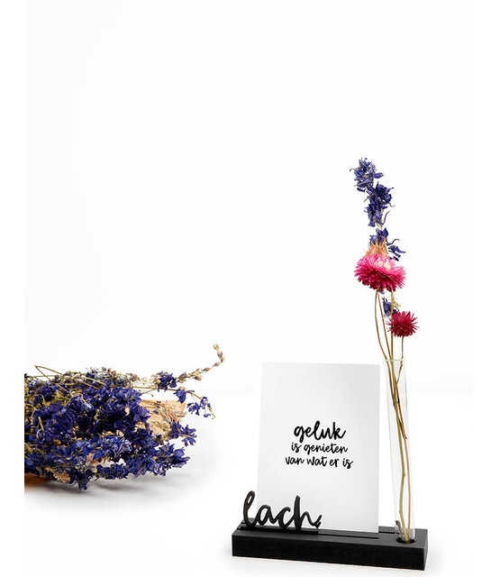 Kaarthouder met vaasje en tekst Lach