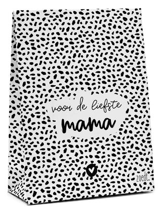 Cadeauzakje zwart wit met tekst 'Voor de liefste mama'