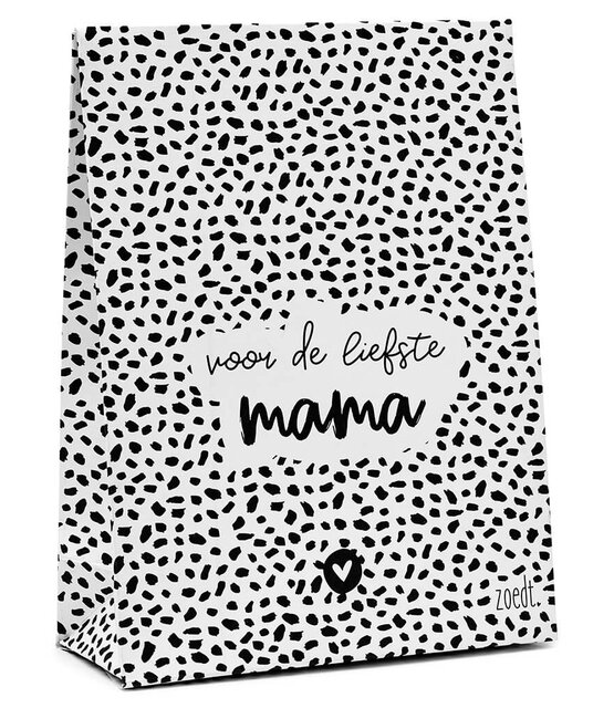 Cadeauzakje wit met zwart patroon en tekst 'Voor de liefste mama' - met bodem
