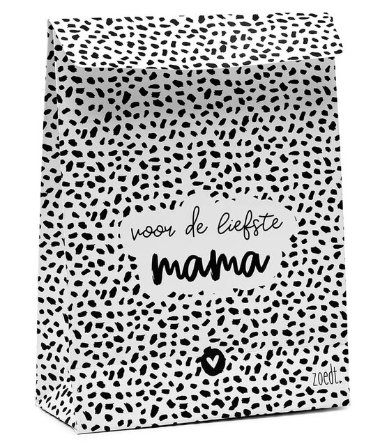 Cadeauzakje wit met zwart patroon en tekst 'Voor de liefste mama' - met bodem