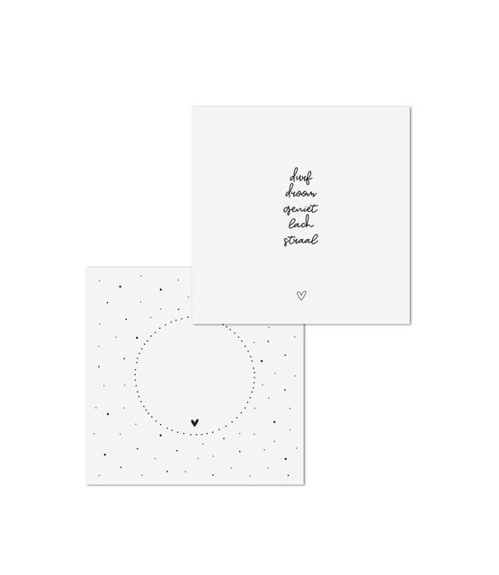 Wenskaart met tekst 'durf, droom, geniet, lach, straal' - met bedrukte envelop