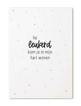 Kaart met tekst 'Hé leukerd kom je in mijn hart wonen'