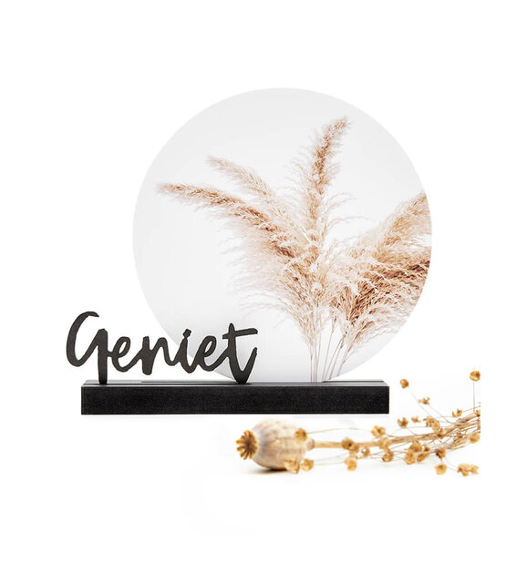 Muurcirkel standaard zwart hout - tekst Geniet Muurcirkel standaard zwart hout - tekst Geniet