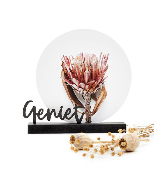 Muurcirkel standaard zwart hout - tekst Geniet Muurcirkel standaard zwart hout - tekst Geniet