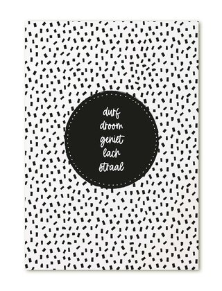 Kaart met tekst 'durf droom geniet lach straal'