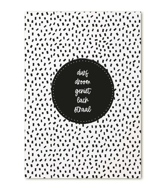 Kaart met tekst 'durf droom geniet lach straal'