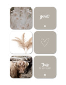 Set van 6 vinyl onderzetters - beige met teksten en foto's