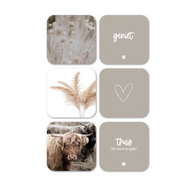 Set van 6 vinyl onderzetters - beige met teksten en foto's