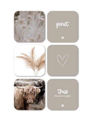 Set van 6 vinyl onderzetters - beige met teksten en foto's