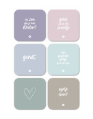 Set van 6 vinyl onderzetters - pastel met teksten Set van 6 vinyl onderzetters - pastel met teksten