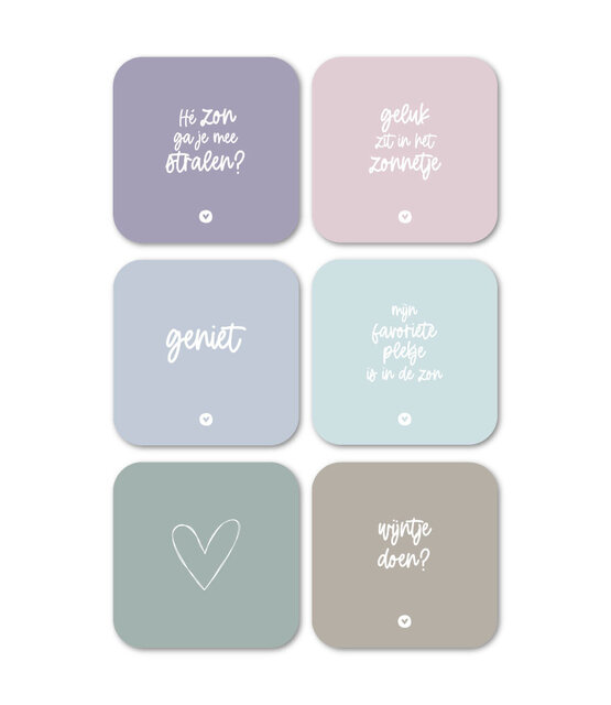 Set van 6 vinyl onderzetters - pastel met teksten Set van 6 vinyl onderzetters - pastel met teksten