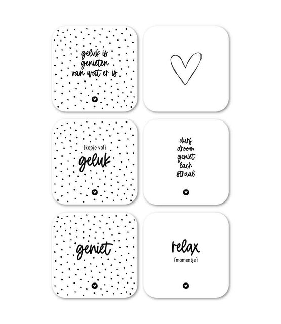 Set van 6 vinyl onderzetters - zwart wit met teksten