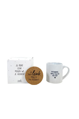 Cadeaupakket 'Hé leukerd denk je nog eens aan ons?' - mok en onderzetter
