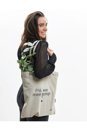 Beige katoenen tas met tekst 'F*ck weer teveel geshopt' - van gerycled materiaal