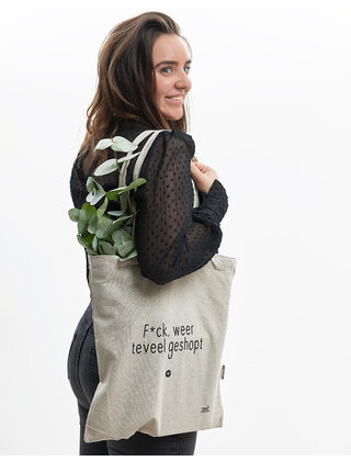 Beige katoenen tas met tekst 'F*ck weer teveel geshopt' - van gerycled materiaal