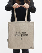 Duurzame beige katoenen tas met tekst 'F*ck weer teveel geshopt' - van gerycled materiaal
