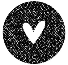 Muurcirkel zwart met wit hart en dots patroon