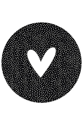 Muurcirkel (binnen) zwart met wit hart en dots patroon - 3 formaten