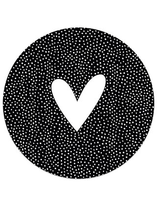 Muurcirkel (binnen) zwart met wit hart en dots patroon - 3 formaten