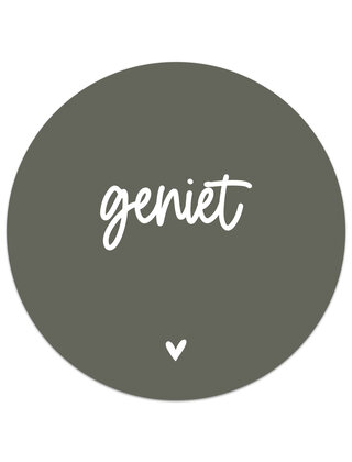 Muurcirkel (binnen) olijfgroen met tekst 'Geniet' - 3 formaten