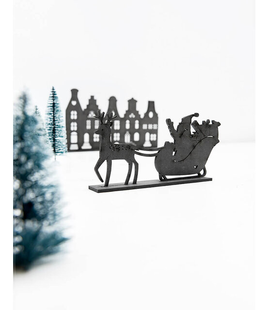 Houten kerst set bij grachtenpandjes Kerstman met arreslee en hertje