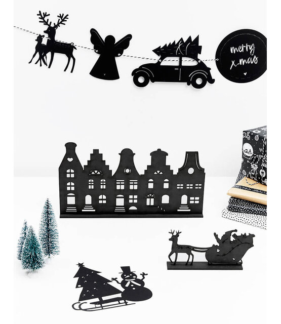 Houten kerst set bij grachtenpandjes Kerstman met arreslee en hertje