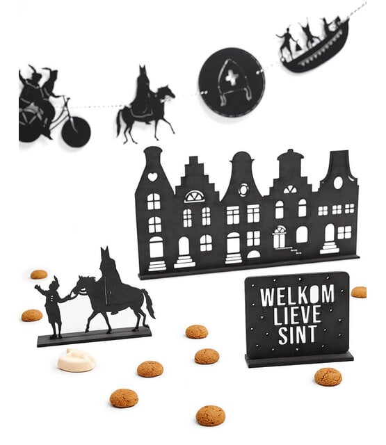 Houten Sinterklaas decoratie set bij grachtenpandjes  - Welkom lieve Sint