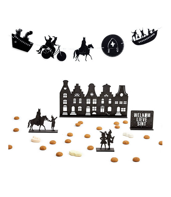 Houten Sinterklaas decoratie set bij grachtenpandjes  - Welkom lieve Sint