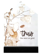 Huisje met foto lunaria en tekst 'Thuis hier woont ons geluk'