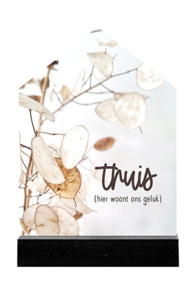 Huisje met foto lunaria en tekst 'Thuis hier woont ons geluk'