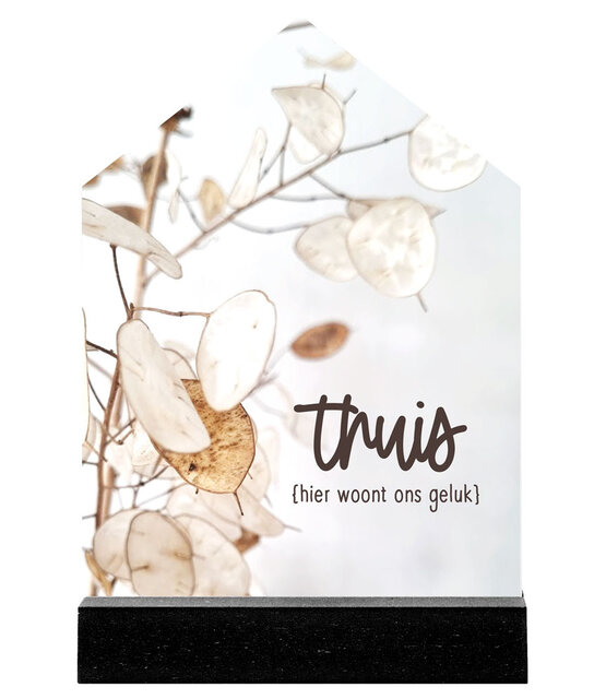 Huisje met foto lunaria en tekst 'Thuis hier woont ons geluk'
