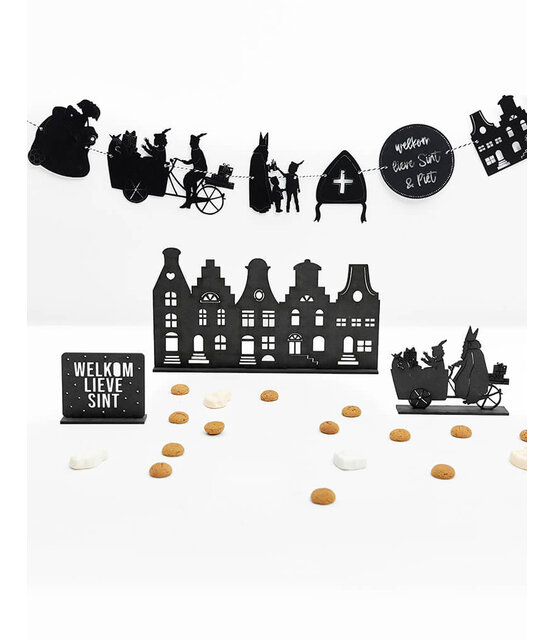 Houten Sinterklaas decoratie set bij grachtenpandjes  - Bakfiets met Sint en piet