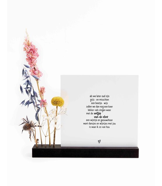 Forex tegeltje in droogbloemhouder - gedicht dansjes en wijntjes