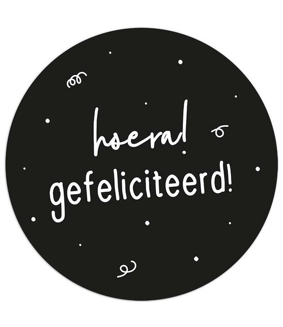 Sticker 'Hoera gefeliciteerd' - zwart wit - 4,5cm