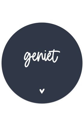 Muurcirkel (binnen) donkerblauw met tekst Geniet - 3 formaten