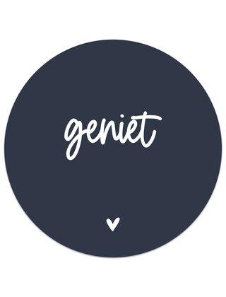 Muurcirkel (binnen) donkerblauw met tekst Geniet - 3 formaten