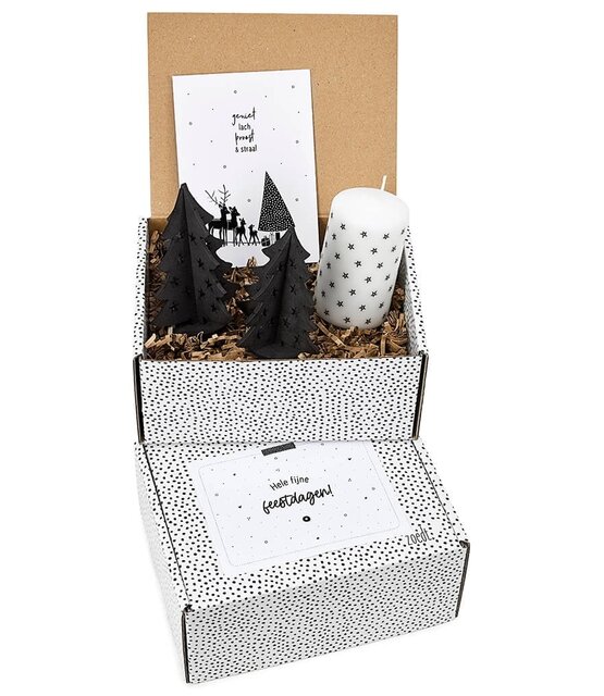 Cadeaupakket - kerstpakket 'Hele fijne feestdagen' - kaarsje en set kerstbomen Cadeaupakket - kerstpakket 'Hele fijne feestdagen' - kaarsje en set kerstbomen