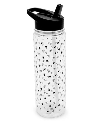 Drinkfles met rietje zwart - transparant met hartjes patroon