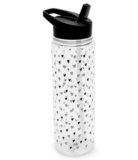 Drinkfles met rietje zwart - transparant met hartjes patroon