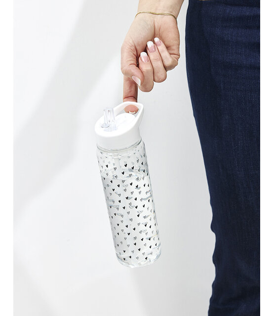 Drinkfles met rietje wit - transparant met hartjes patroon