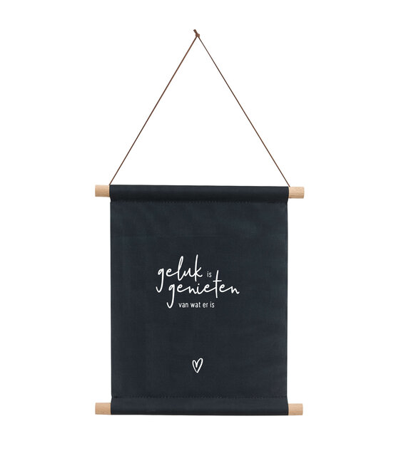 Textielposter zwart met tekst 'Geluk is genieten van wat er is' - 30x40cm